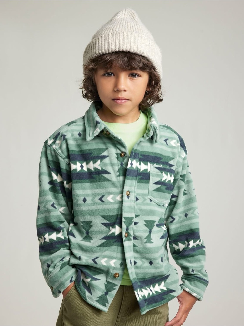 Green geometric print button down fleece shirt size 8 Carter’s